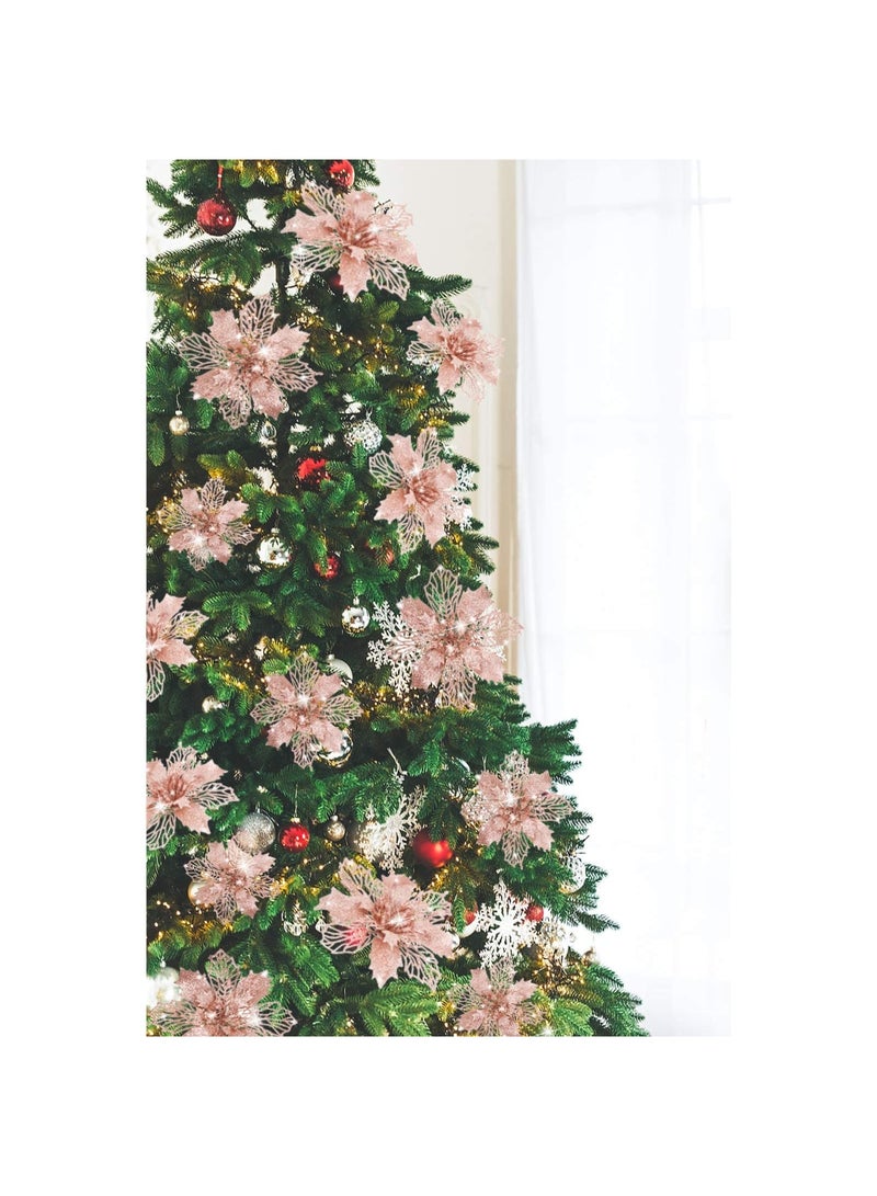 SYOSI 10 Pack Rose Gold Glitter Poinsettia Flowers Tree Ornaments for Christmas Decoration - Image 2
